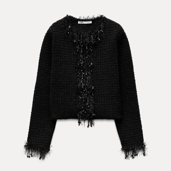 ZARA FRAYED BEADED TRIM KNIT SWEATER - Picture 1 of 11